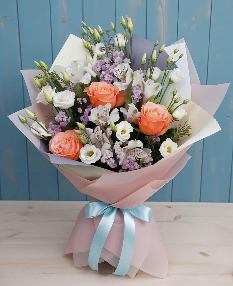 Букет цветов из: Лизиантусы, Розы, Альстромерии и Гипсофила в Красино