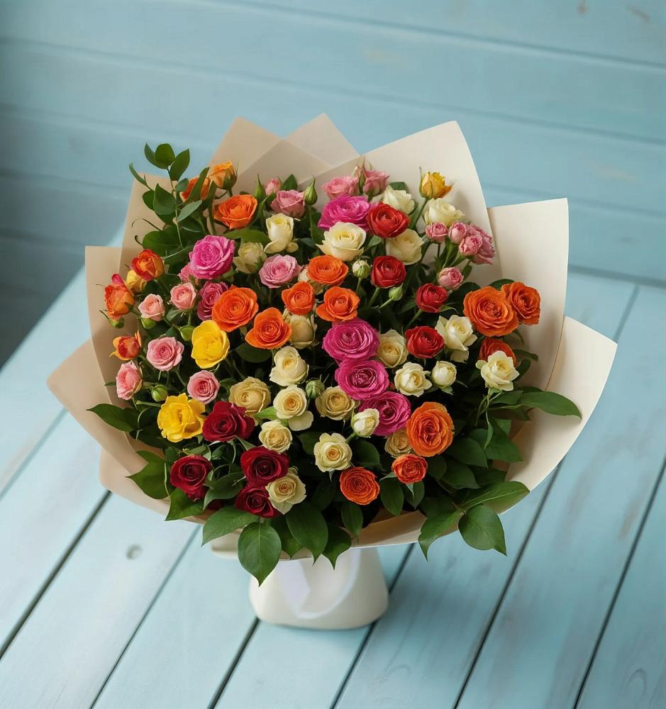 Букет Микс из разноцветных кустовых роз в Красино