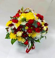 Цветочная композиция из Хризантемы и Розы в корзине в Красино