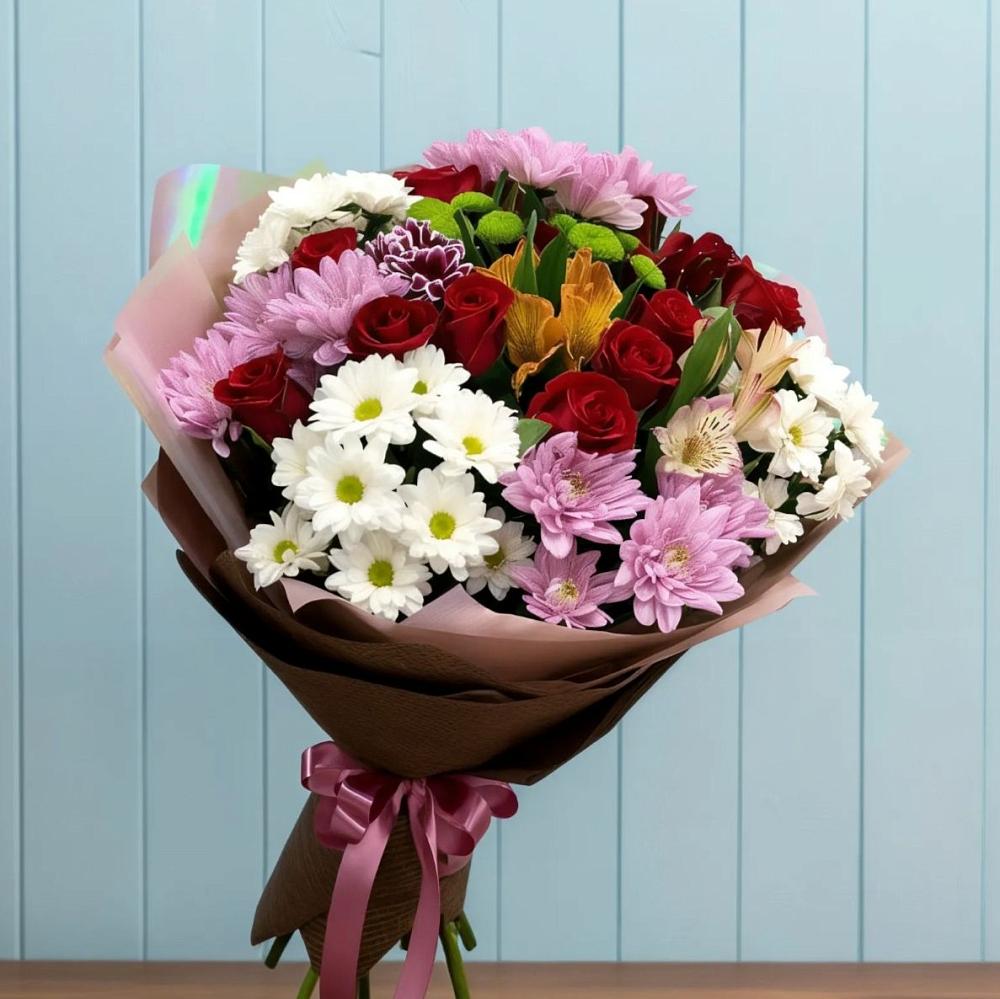 Букет цветов из: Розы, Хризантемы и Альстромерии в Красино