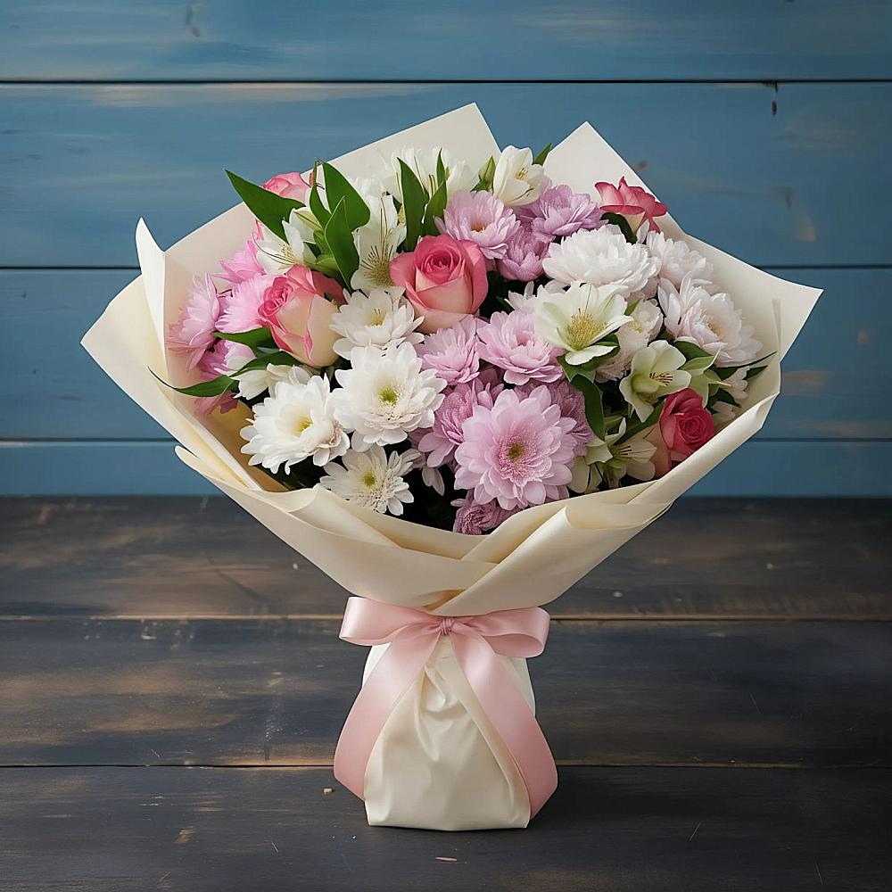 Букет цветов из: Хризантемы, Альстромерии и Розы в Красино